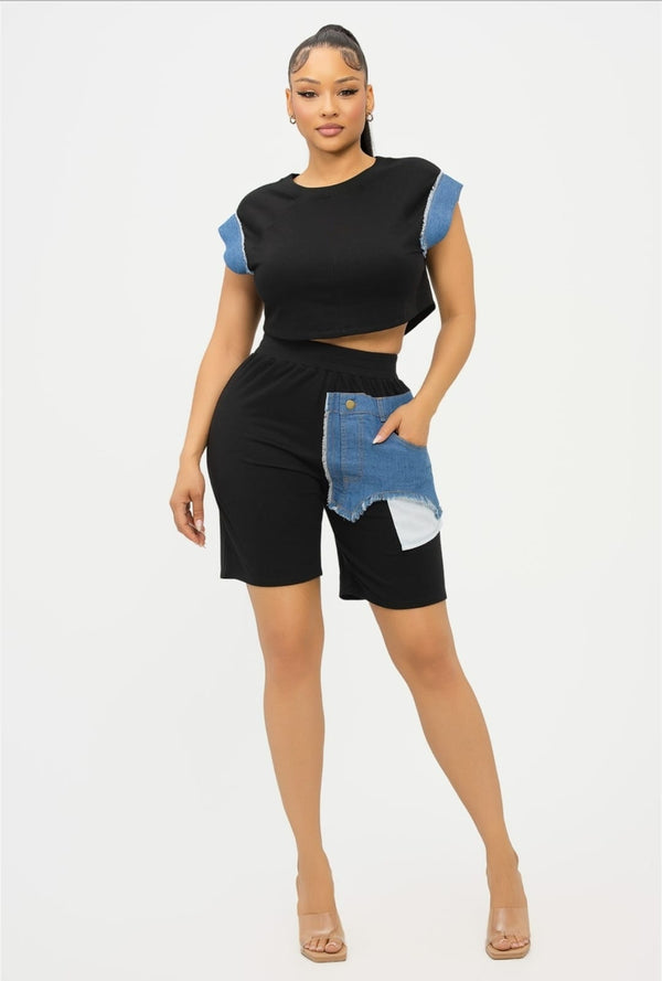 BLOCK SLEEVE TOP AND BIKER SHORTS SET